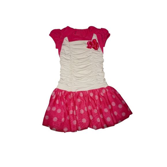 BCX Girl Pink White Polka Dot Dress Cap Sleeve Ruched Bodice Size 4 Girls - Picture 2 of 6